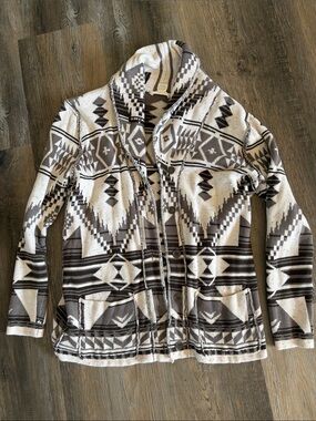 Tribal Shawl Collar Button Cardigan in Cream & Brown